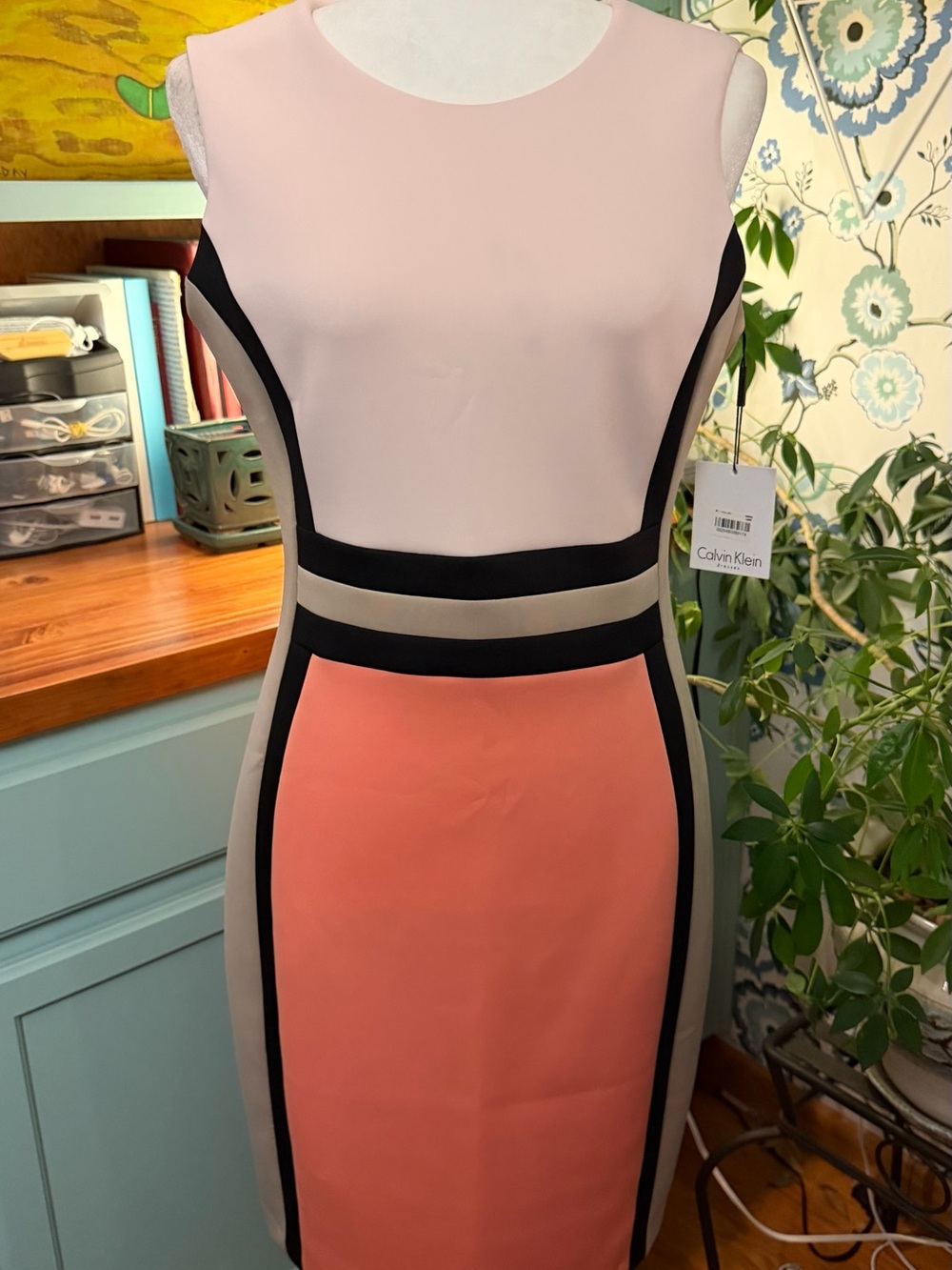 Calvin Klein Sleeveless Pink, Coral & Taupe Colorblock Sheath Dress